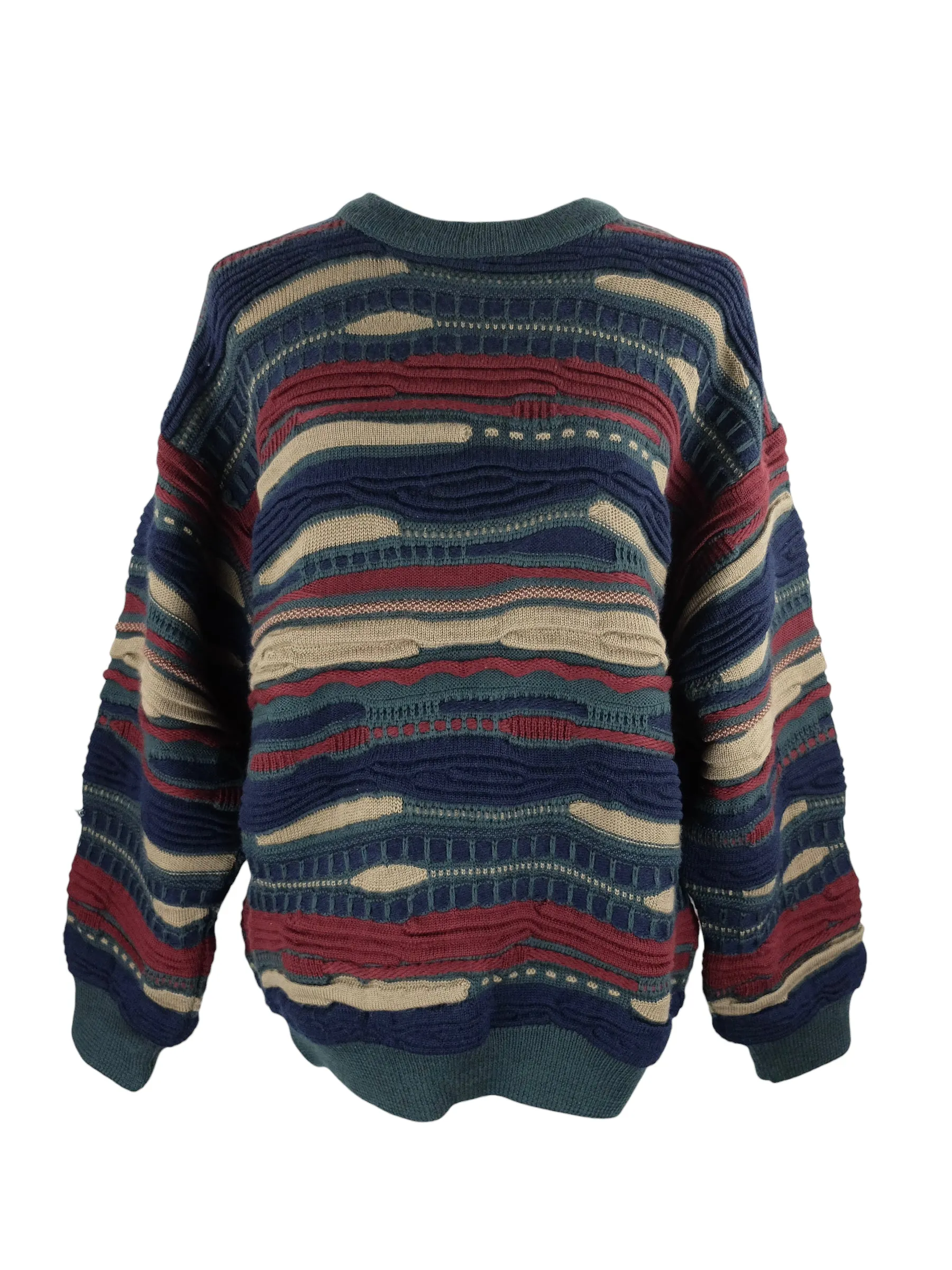 Vintage 90s Bohemian Coogi Style 3D Abstract Patchwork Style Textured Coogi Pullover Sweater Jumper