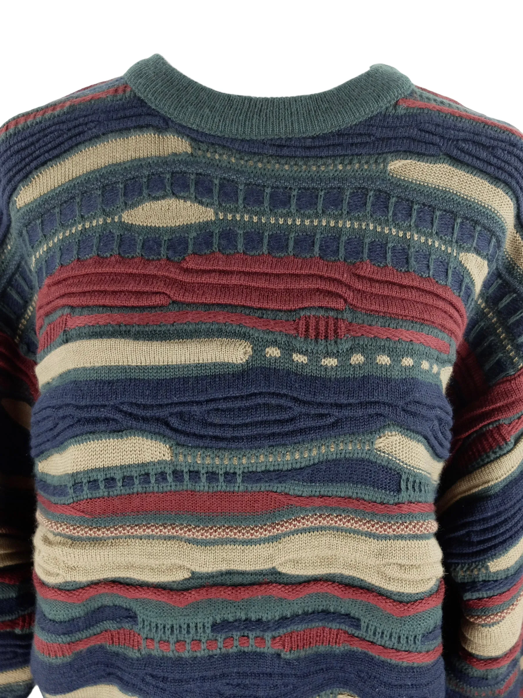 Vintage 90s Bohemian Coogi Style 3D Abstract Patchwork Style Textured Coogi Pullover Sweater Jumper