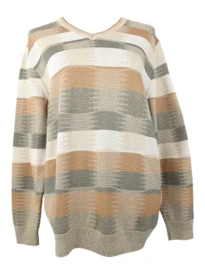 Vintage 90s Bohemian Hippie Abstract Neutral Tones Beige & Khaki Green Striped Knit V-Neck Pullover Sweater Jumper | Women’s Size M