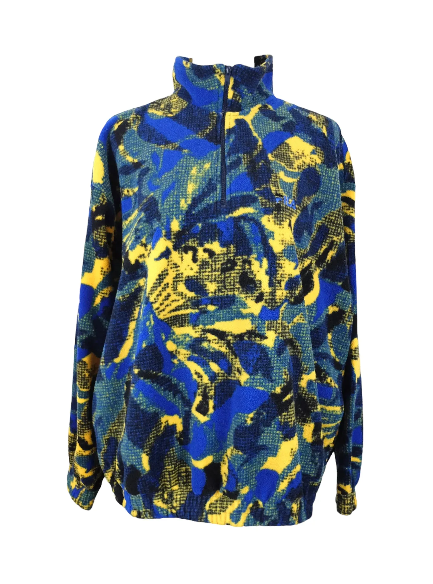 Vintage 90s Y2K Fila Blue & Yellow Abstract Camo Print Fleece 1/4 Zip Sweatshirt Pullover