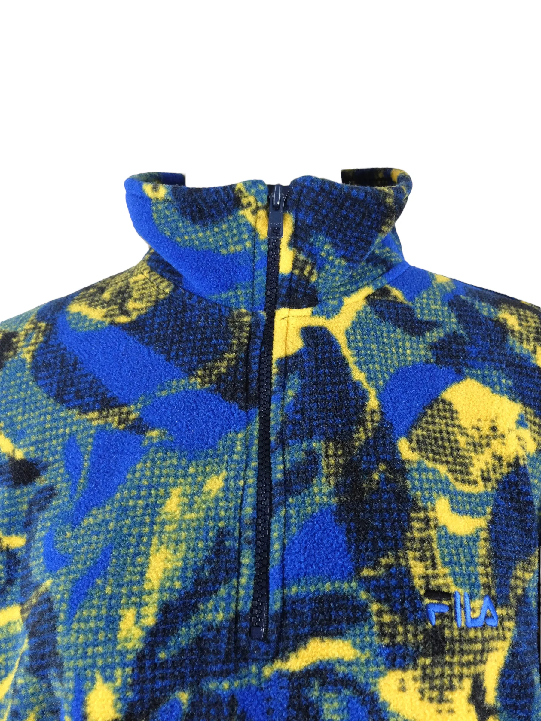 Vintage 90s Y2K Fila Blue & Yellow Abstract Camo Print Fleece 1/4 Zip Sweatshirt Pullover