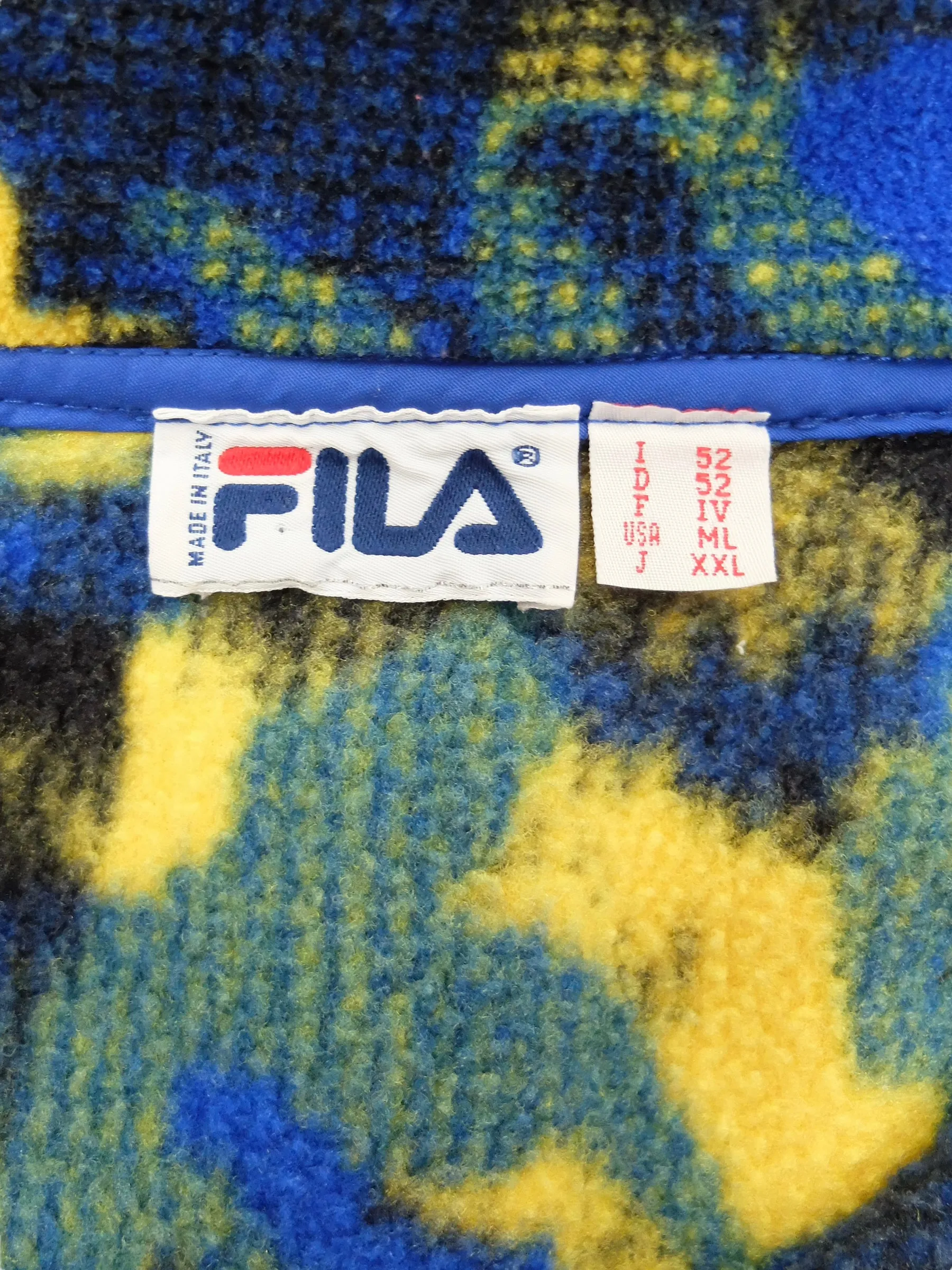 Vintage 90s Y2K Fila Blue & Yellow Abstract Camo Print Fleece 1/4 Zip Sweatshirt Pullover