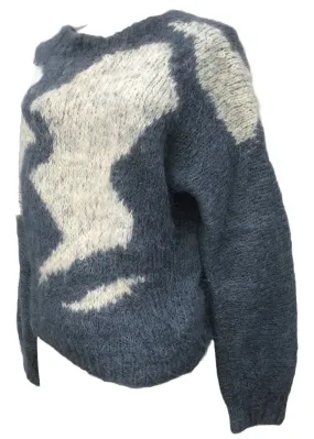 Vintage Oversized Hand Knit Blue Grey White Mohair Jumper