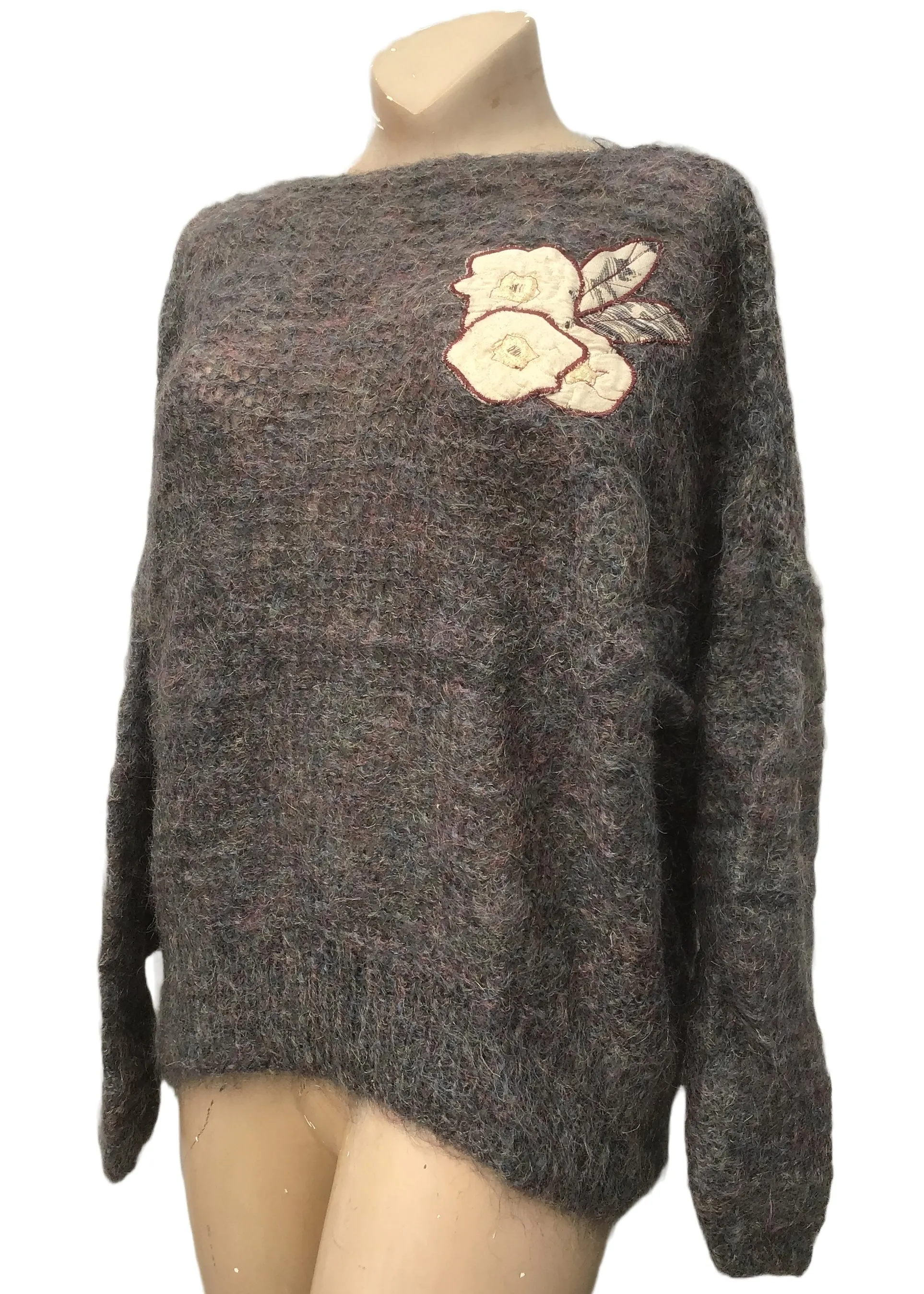 Vintage Oversized Hand Knit Grey Mohair Jumper With Applique Flower