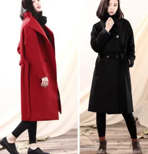 Waist Line Black Long Women  Wool Coat