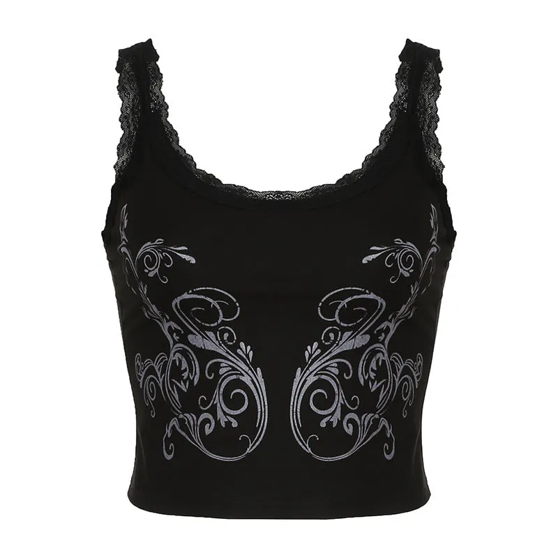 Wenkouban grunge outfits Dark Gothic Printed Sexy Lace Stitching U-Neck Slim Strap Summer Millennium Retro Slimming Sleeveless Vest