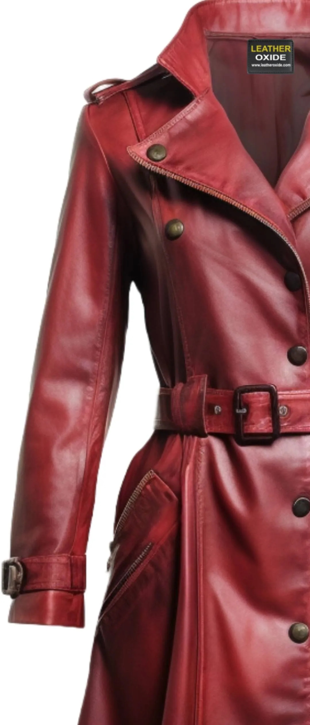 Women Red Leather Distressed Long Leather Coat - Red Distressed Long Leather Coat