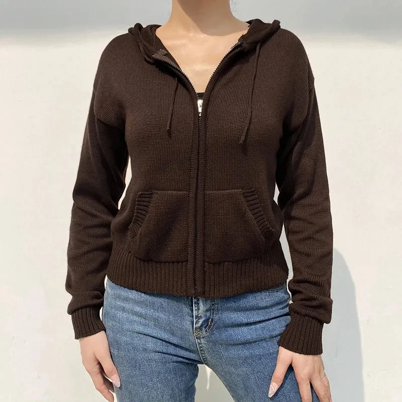 Y2K Vintage Fashion Autumn Winter Sweater Hooded Zip Up Jacket Knitted Cardigan Women Casual Basic Coat Knitwears