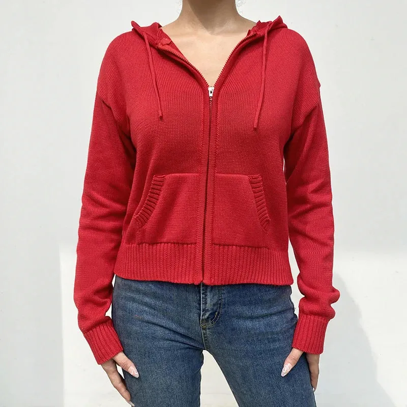 Y2K Vintage Fashion Autumn Winter Sweater Hooded Zip Up Jacket Knitted Cardigan Women Casual Basic Coat Knitwears