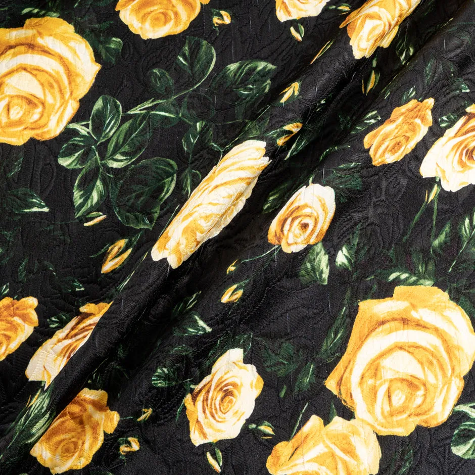 Yellow Rose Printed Black Wool & Silk Blend Cloqué